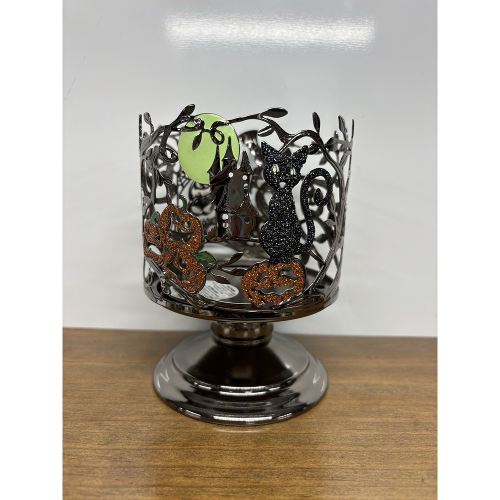 Bath & Body Works Halloween Night 3-Wick Candle Holder Black Cat Glow Moon